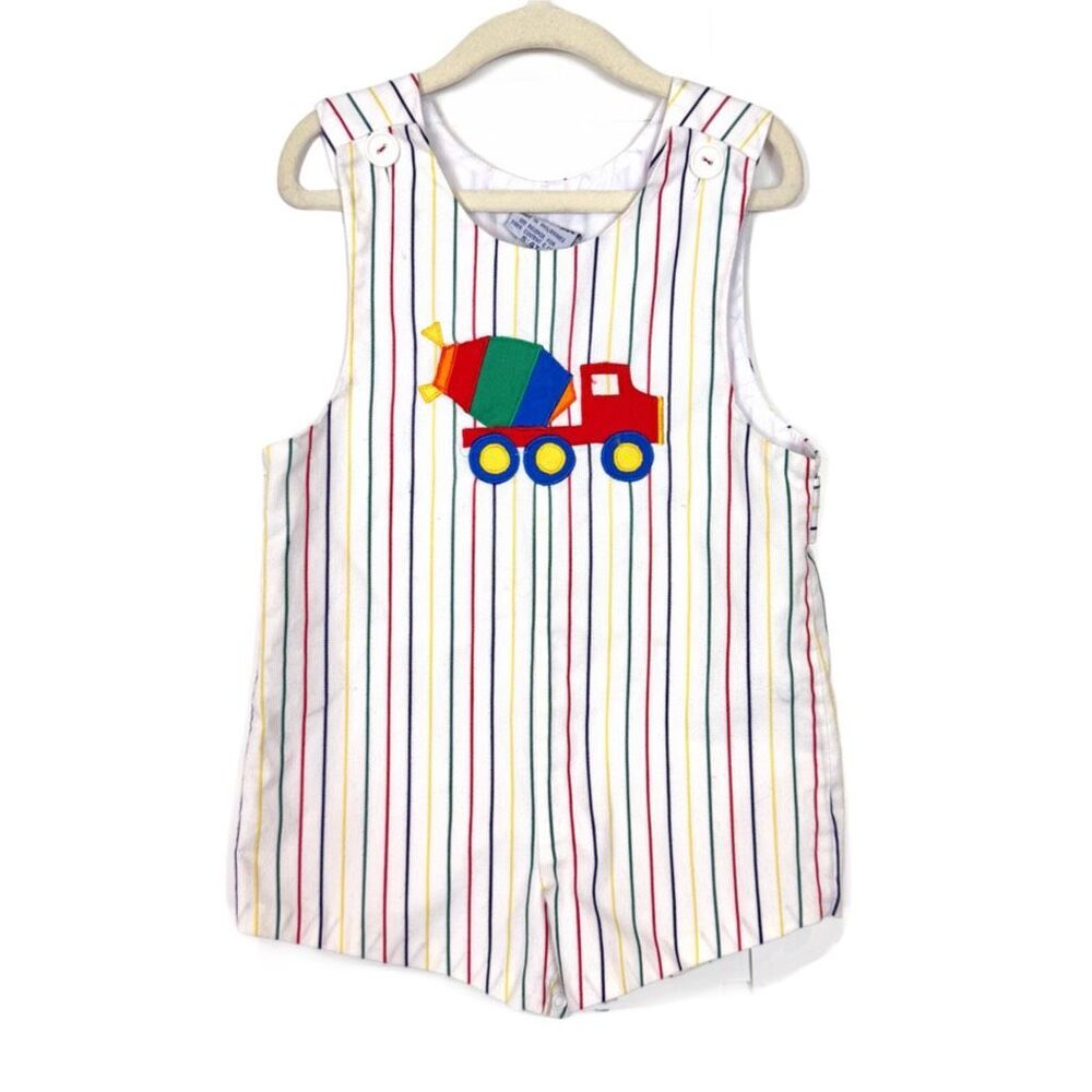 Vintage Samara Romper Baby Boy 4T Cream Red Striped Truck Embroidery One Piece